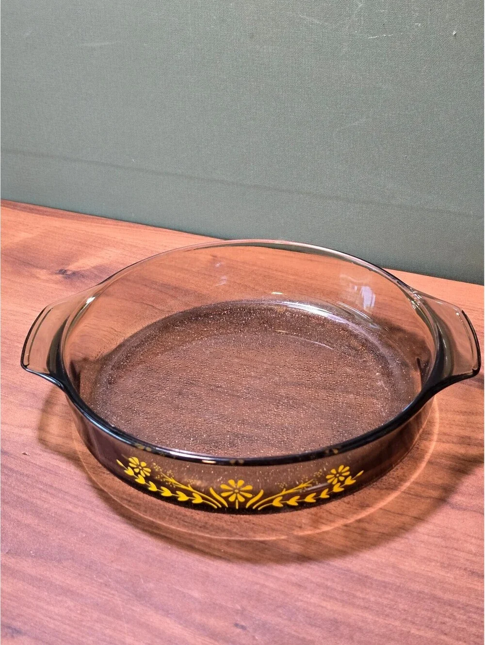 Vintage Glasbake Smoky Amber Casserole Dish Yellow Daisy 9 Inch Pie Pan